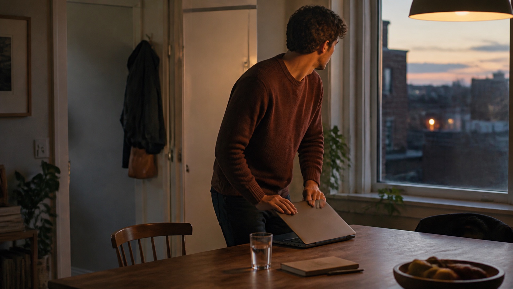 A person closes their laptop as evening begins.
